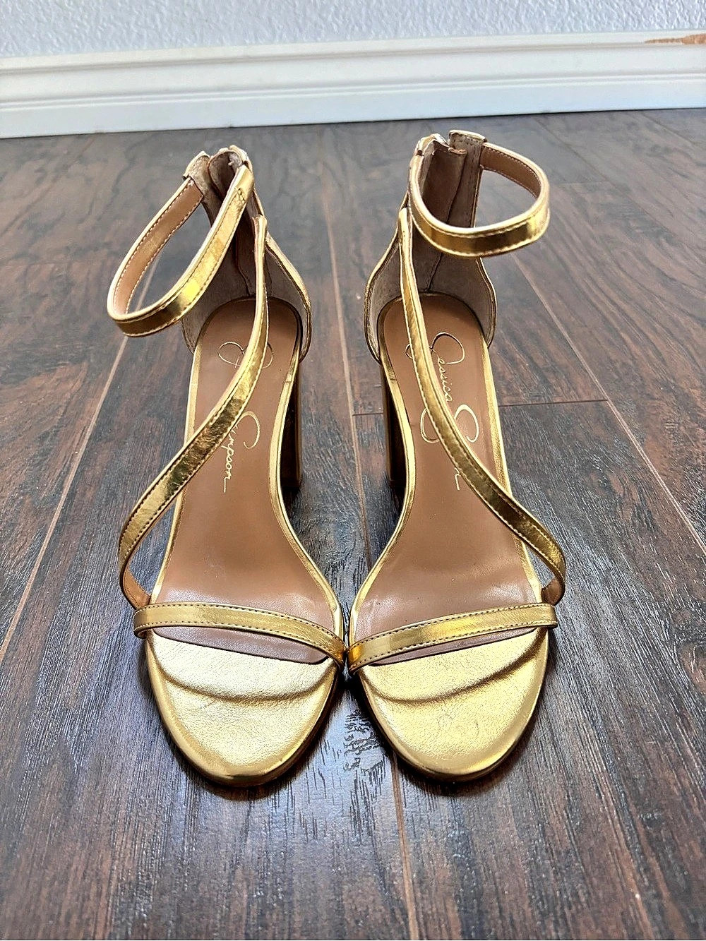 Jessica Simpson Gold Metallic Ankle Strap Heels
